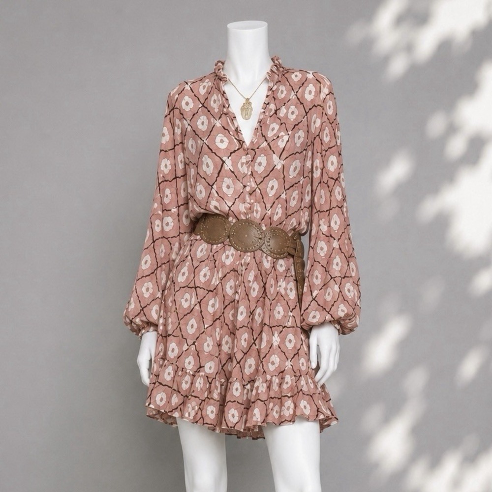 Alexis Mini Dress XS Dusty Rose Pink Boho Balloon Sleeve Ruffle Flowy Fairy